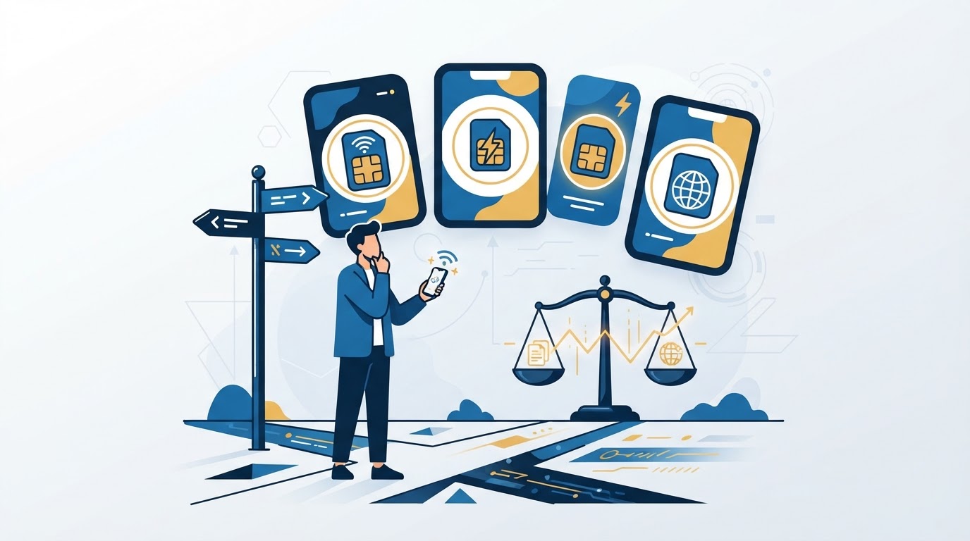 Illustration of a person at a crossroads choosing between three eSIM provider options with comparison scales