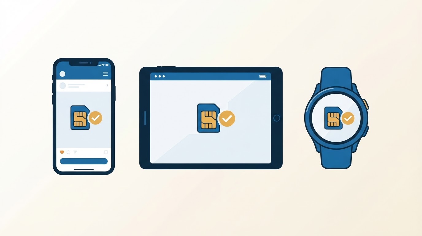 Illustration of a smartphone, tablet and smartwatch each with a SIM chip icon and a checkmark badge