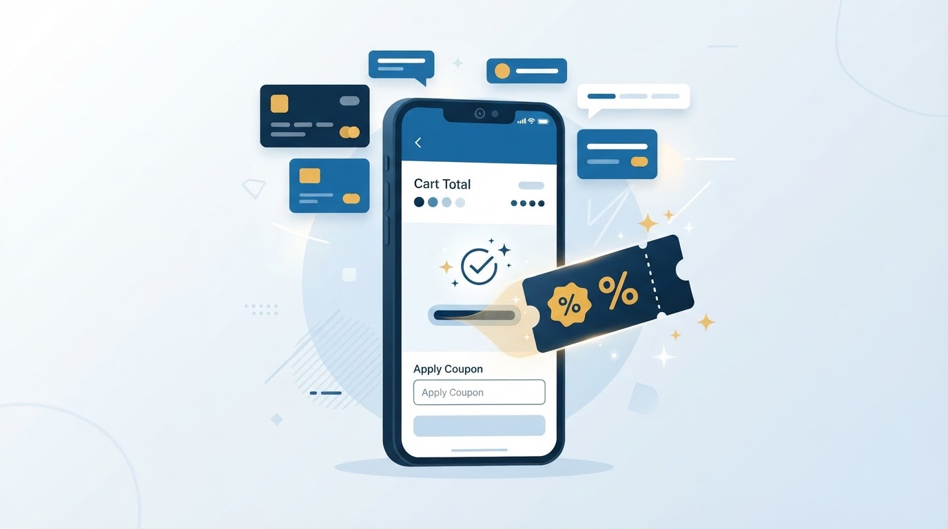 Illustration of a coupon code being applied at a smartphone checkout with a percent-off discount tag