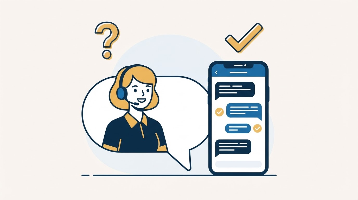 Illustration of a customer support agent with a headset answering questions in a chat beside a smartphone