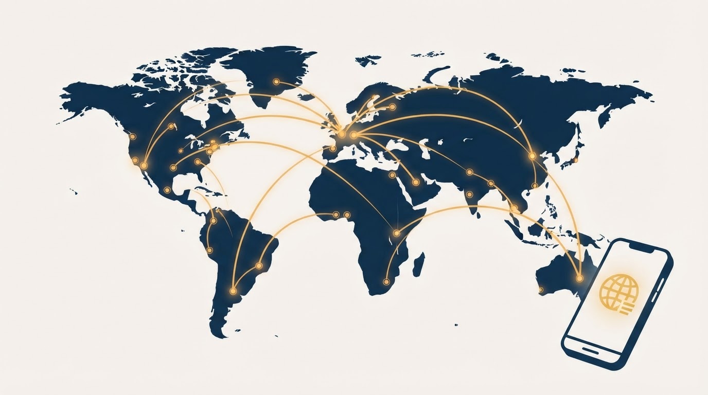 Illustration of a world map with glowing connection points and arcs representing eSIM data coverage