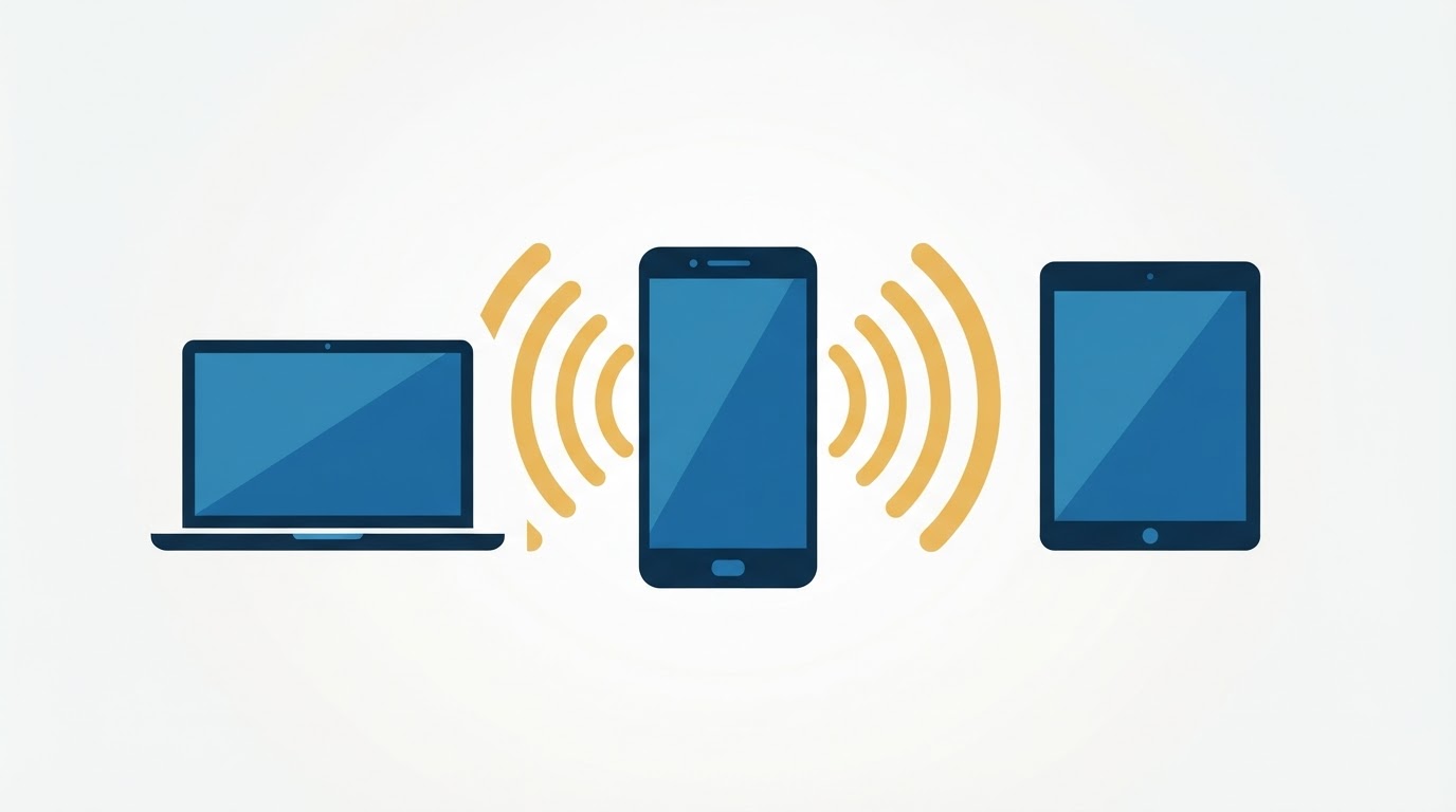 Illustration of a smartphone sharing its connection with a laptop and tablet over a Wi-Fi hotspot