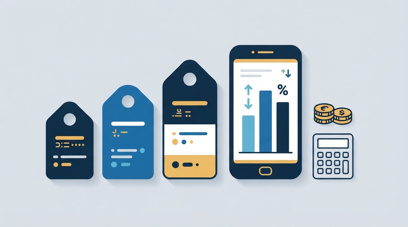 Illustration comparing mobile data plan prices with price tags, a bar chart and coins