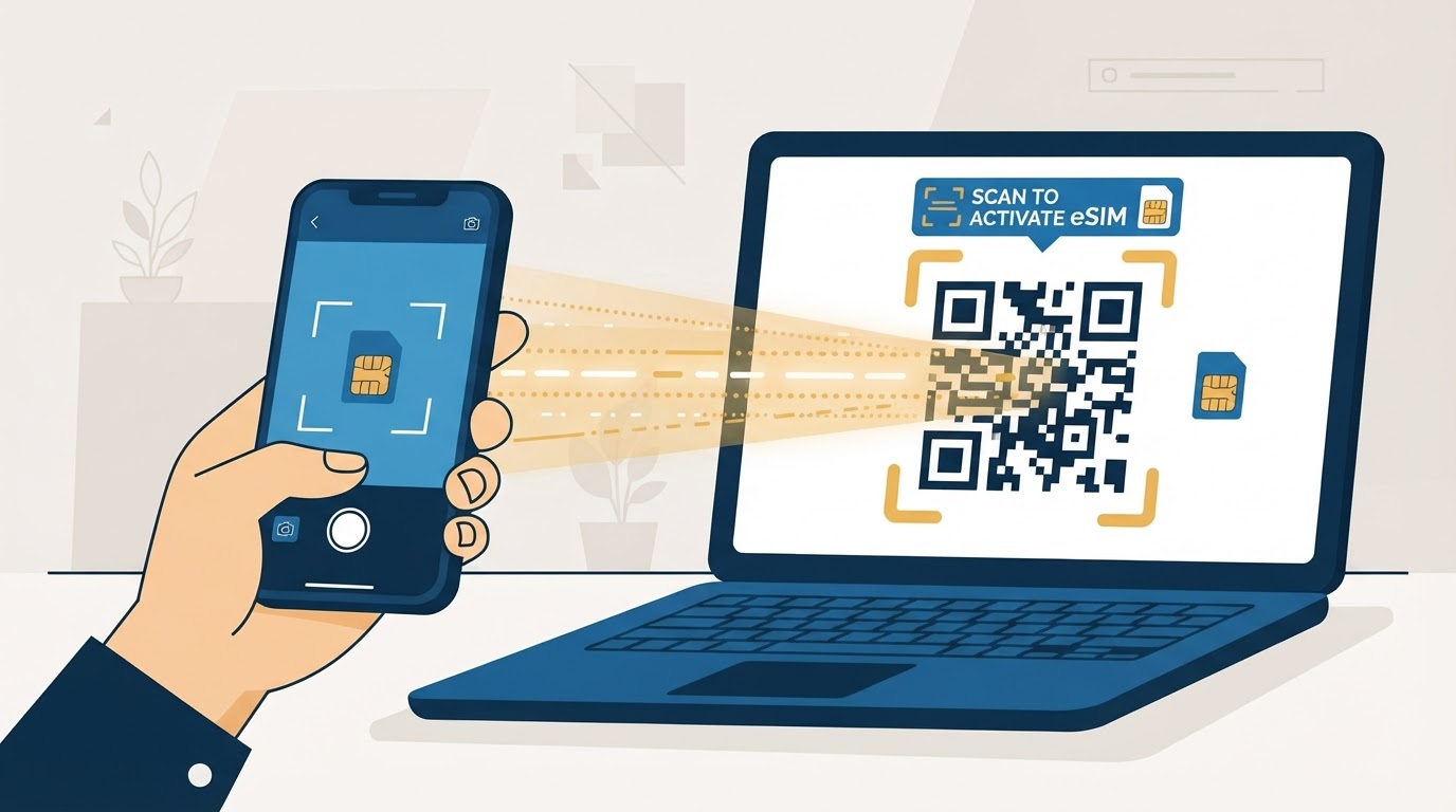 Illustration of a smartphone scanning a QR code on a laptop screen to install an eSIM