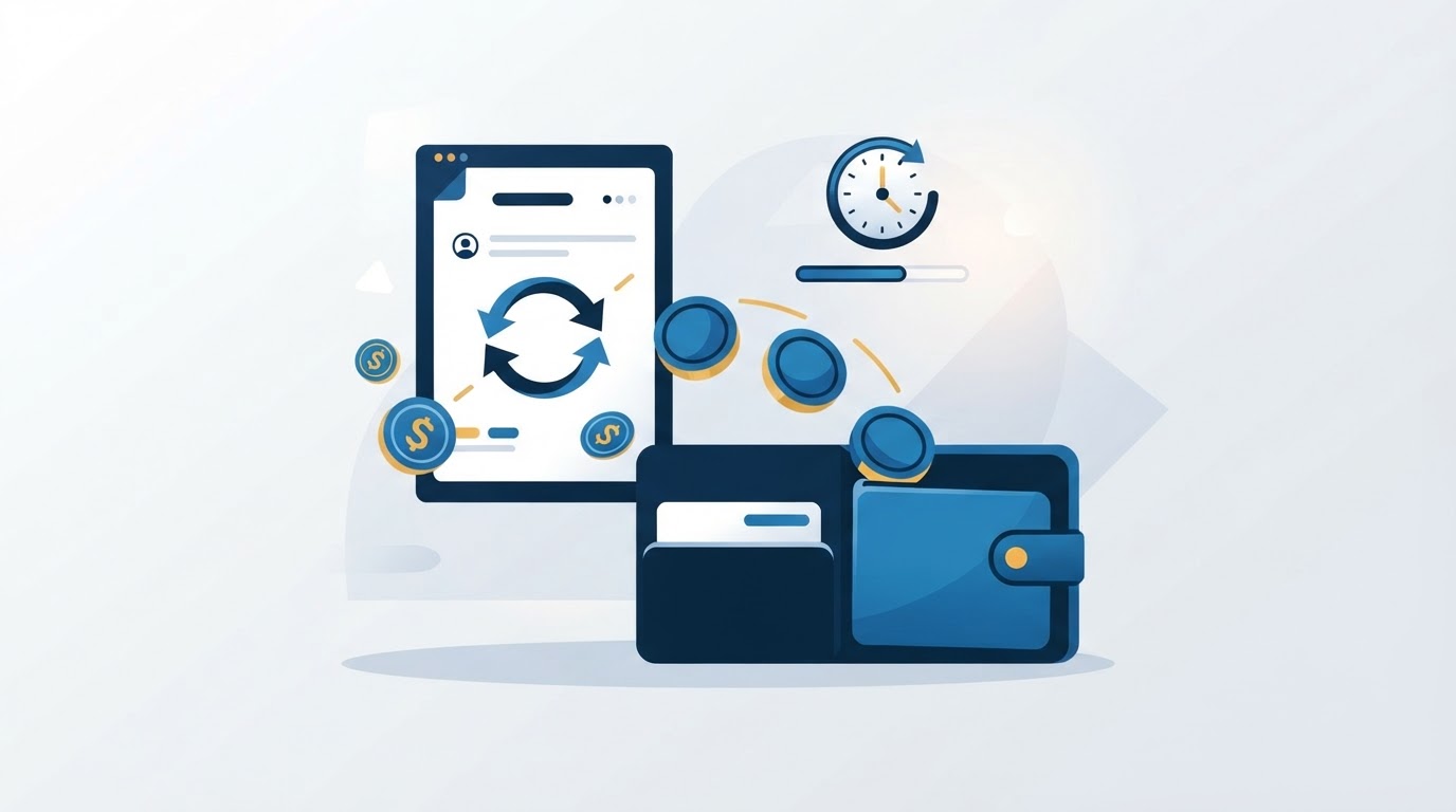 Illustration of a refund document with a circular arrow, coins returning to a wallet and a clock showing a time limit