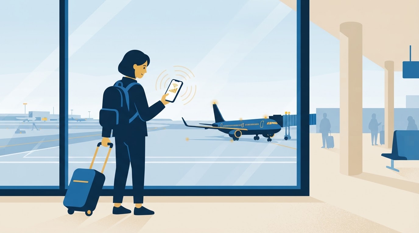 Illustration of a traveler at an airport checking a smartphone with full signal bars from a travel eSIM