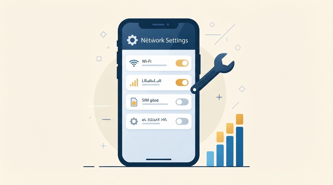 Illustration of a smartphone settings screen with toggle switches, a wrench and signal bars representing network troubleshooting