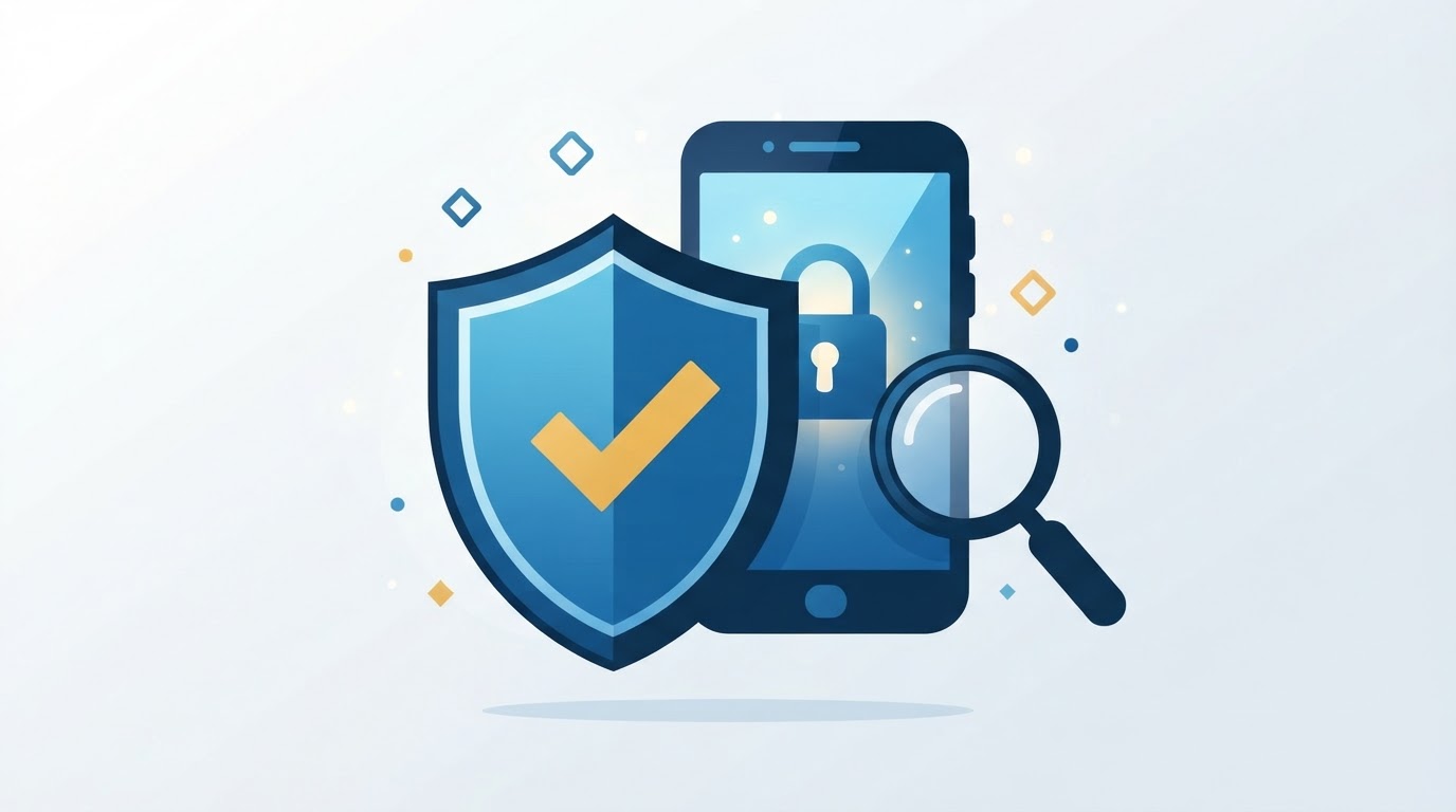 Illustration of a shield with a checkmark and a magnifying glass inspecting a smartphone with a padlock